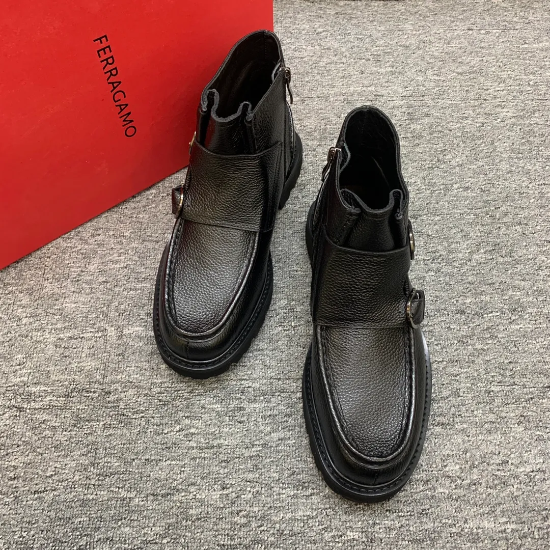 Men's shoes 💰960 🎁🎁🎁😈[Ferragamo] Men's high-top boots, the latest hot style, 1:1 original purchase quality, top quality, imported cowhide for the uppers, imported cowhide for the lining and feet, with original lightweight foam outsole, matching code 39-44, (38, 45 custom-made, non-refundable)